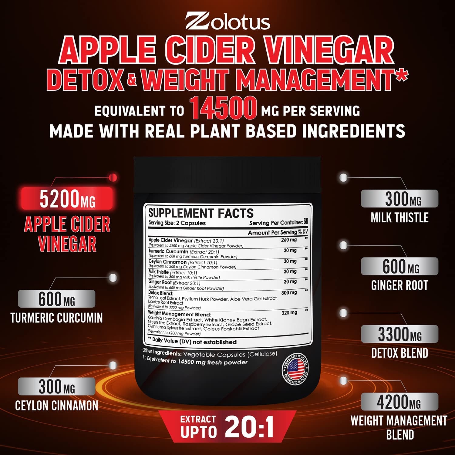 16 in 1 Apple Cider Vinegar Capsules, Equivalent to 14500Mg, with Turmeric, Cinnamon, Milk Thistle, Garcinia Cambogia, Quercetin, Best Supplement for Keto, Detox & Weight Management (120 Capsules)