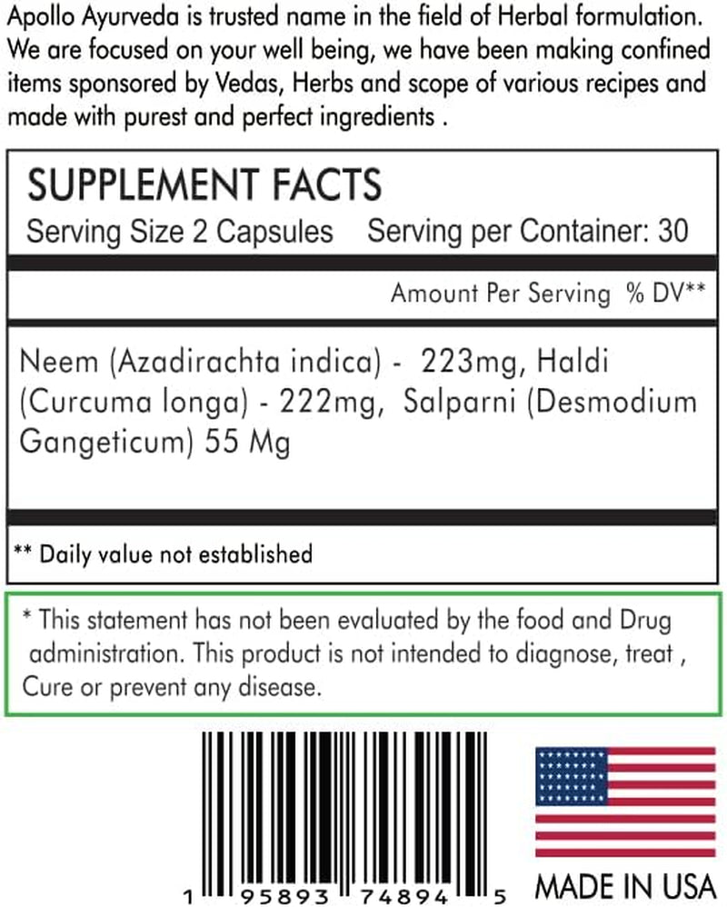 Apollo Ayurveda Neuro Oxy Support Heart Health Blood System Equivalent 5000 Mg Neem and Turmeric (Haldi) Ayurvedic Vegan 60 Capsules