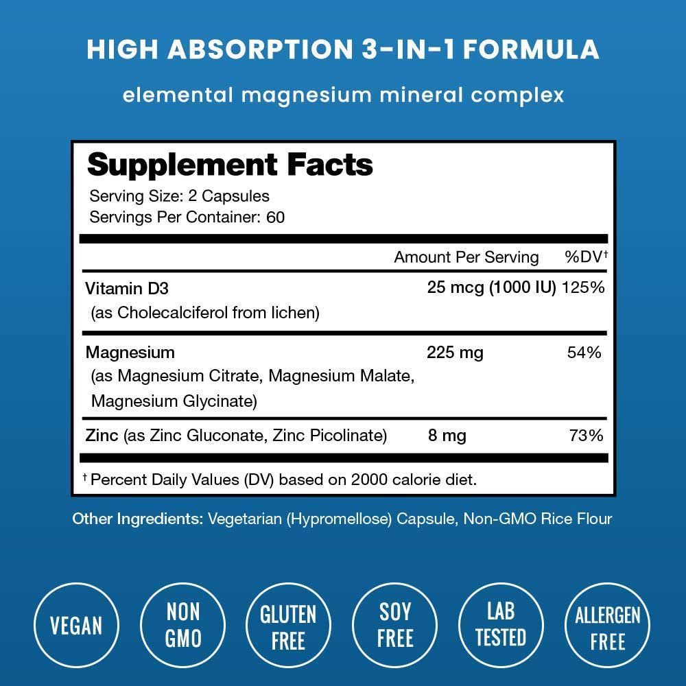 Nutrachamps Magnesium Zinc & Vitamin D3 Supplement - Most Bioavailable Forms; Magnesium Glycinate, Malate, Citrate - Bone, Muscle & Heart Health, Immune Support - 120 Vegan Capsules