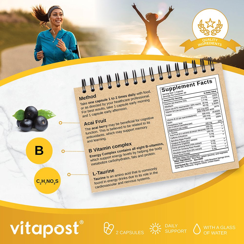 Vitapost Energy Complex Supplement with B-Vitamins, Caffeine - 60 Capsules