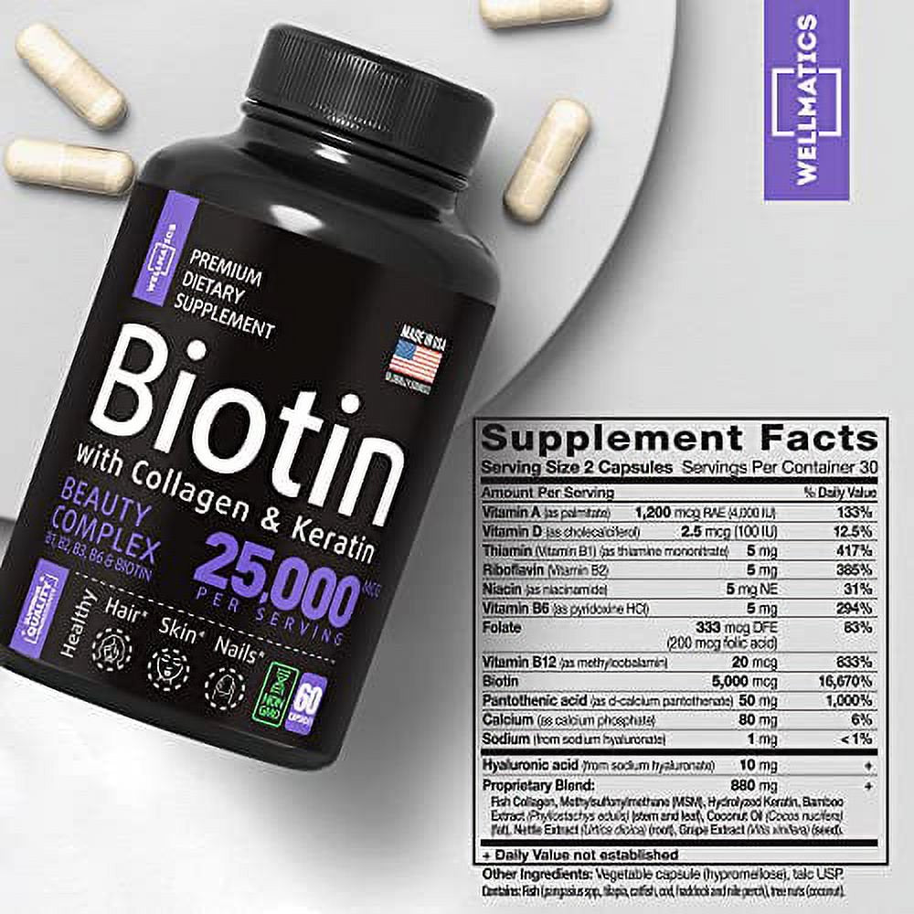 Biotin Capsules with Collagen and Keratin - 25000MCG per Serving - Biotin Vitamins for Hair, Skin and Nails - Premium Biotin Supplement for Hair Growth for Women and Men - Metabolism Support - 60 Caps
