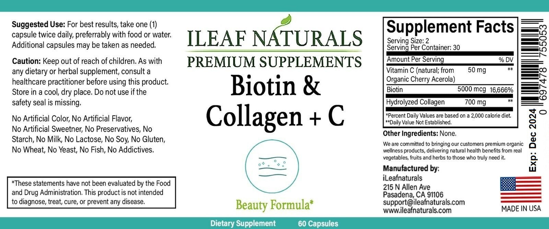 Ileaf NATURALS Biotin & Collagen + Vitamin C 755 MG - 60 Veggie Capsules