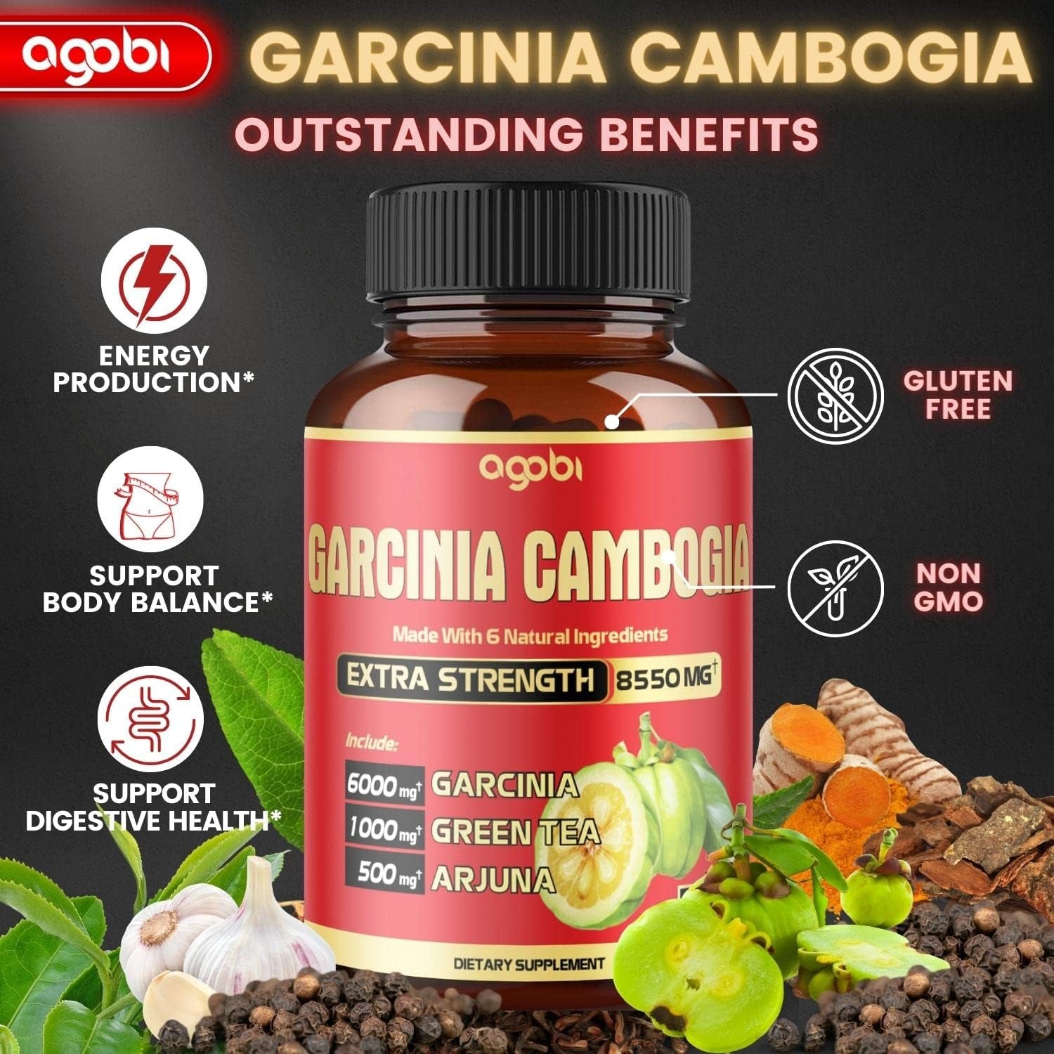 6In1 Garcinia Cambogia Extract Capsules 4 Months - 20:1 Extract 8550Mg with Organic Green Tea, Arjuna, Garlic Bulb, Turmeric & Black Pepper - Balace Body, Mood & Immune Support - 2 Packs 60 Counts