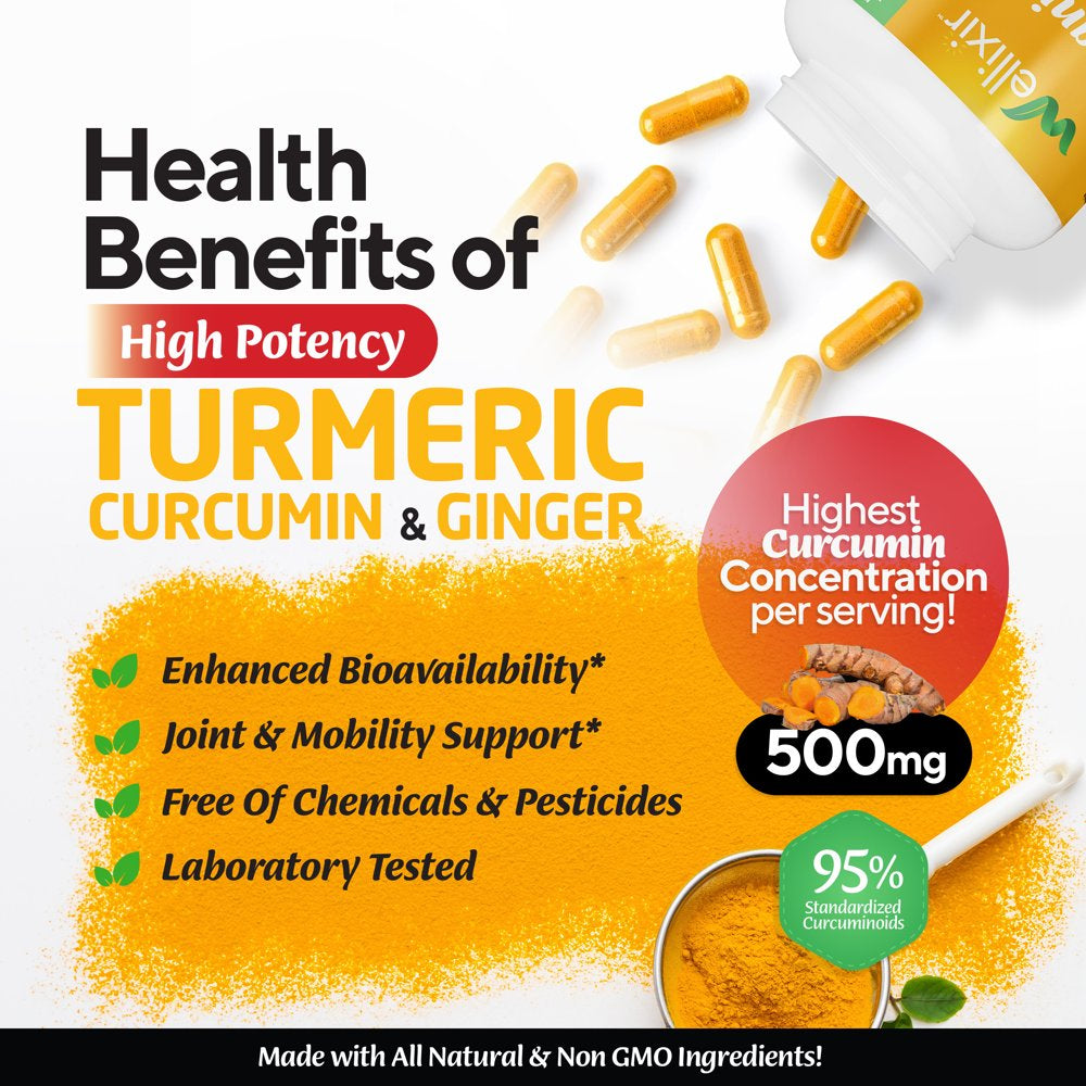 Wellixir Turmeric Supplement Capsules, 95% Curcuminoids W. Bioperine & Ginger Root, 1500Mg High Absorption - 120 Caps