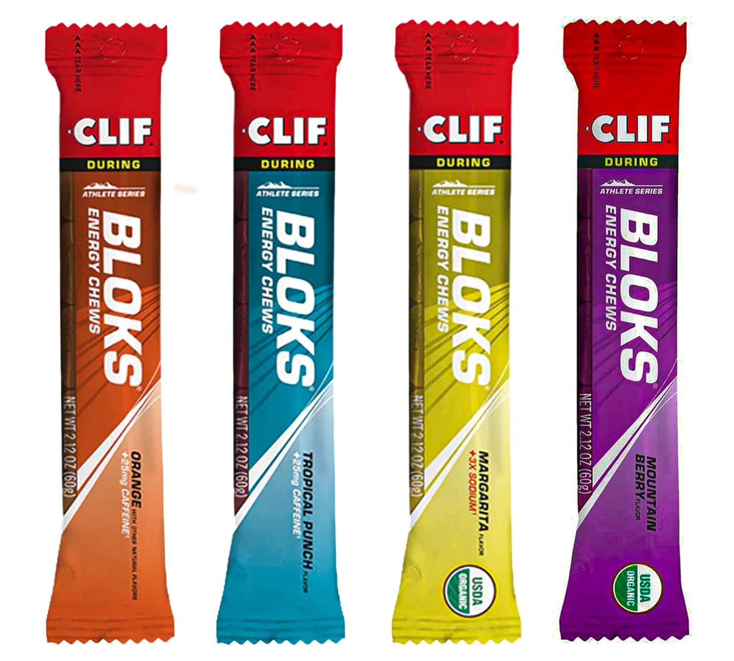 Energy Chews - CLIF BLOKS - 4 Flavor Variety Pack - Mountain Berry - Margarita - Tropical Punch - Orange - Non-Gmo - Plant Based Food - Fast Fuel for Cycling and Running (2.1 Ounce Packet, 4 Count)