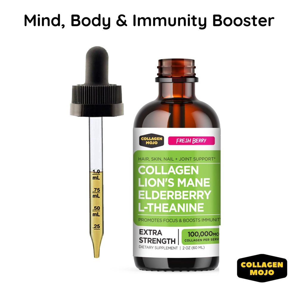 Liquid Collagen Peptides with Lion'S Mane Mushroom, Elderberry & L-Theanine – High Potency/Absorption Formula. Hair, Skin, Nail + Joint Support. Promote Focus & Boost Immunity – Collagen Mojo - 2 Oz.