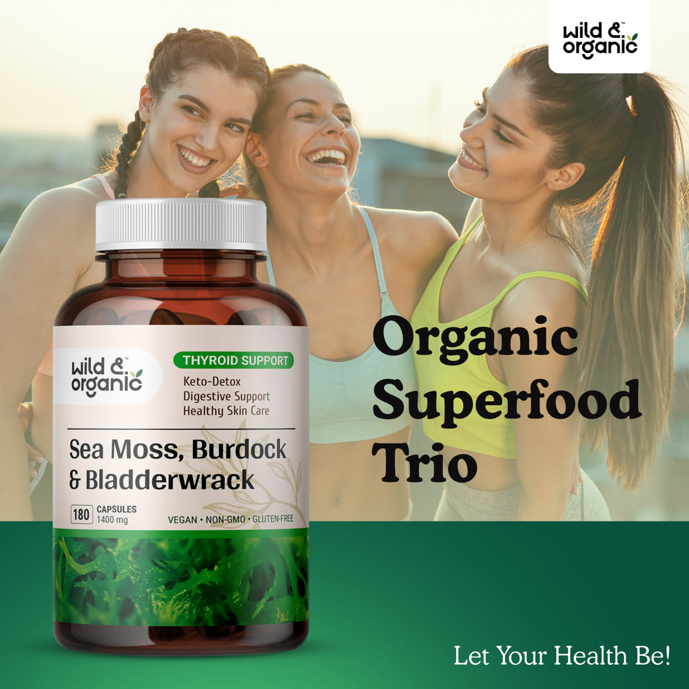 Wild & Organic Sea Moss 180 Capsules for Thyroid & Digestive Health W/ Irish Moss, Burdock Root & Bladderwrack