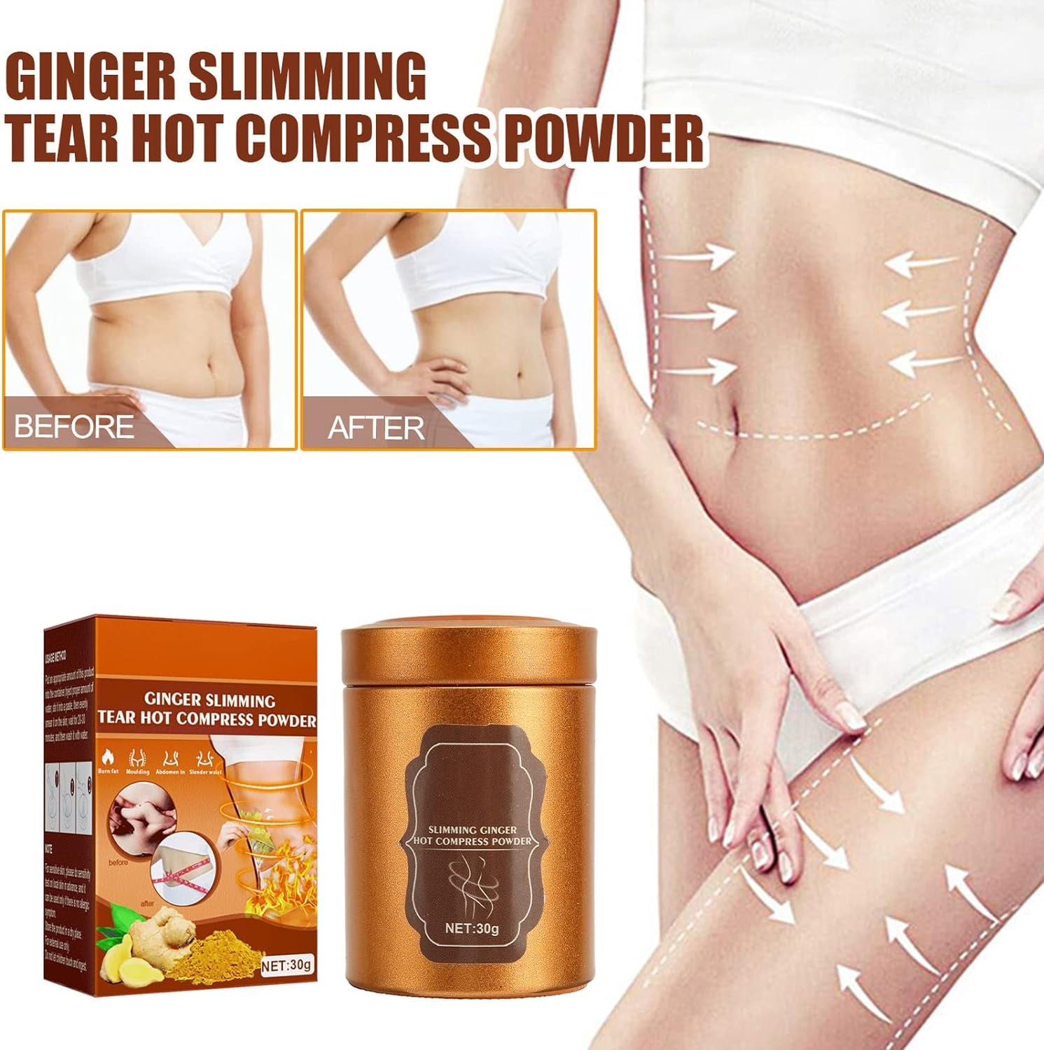 30G Ginger Hot Compress Powder for Slimming Shaping, Ginger Fat Burning Powder for Belly Leg Arms - Inhibit Fat Cell Accumulation