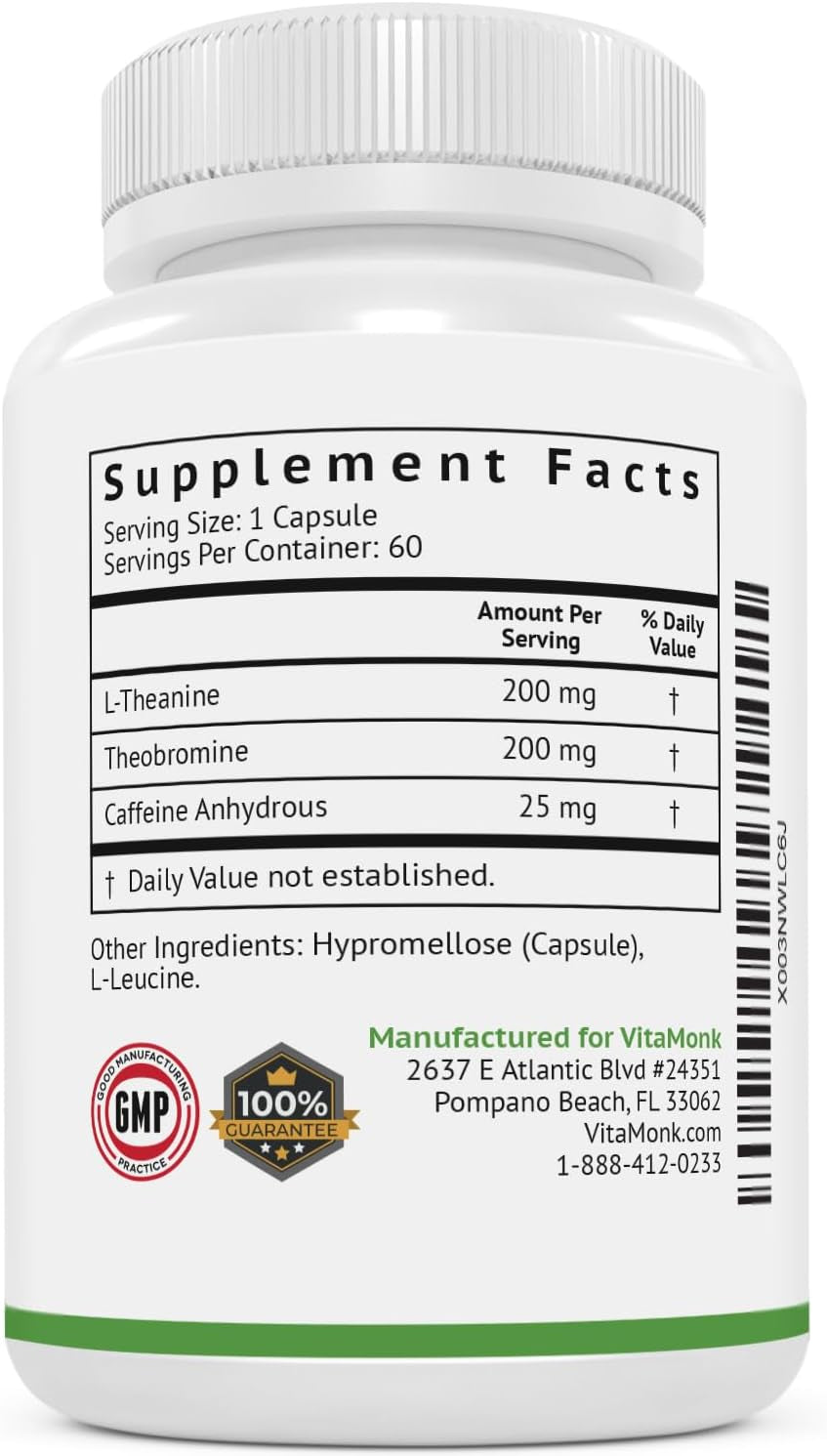 Vitamonk Low Dose Caffeine and Theanine - No Jitters, No Crash- Microdose of Caffeine L Theanine Pills with Caffeine Theanine and Theobromine - 25Mg of Caffeine, Caffeine Pills L Theanine - 60 Caps