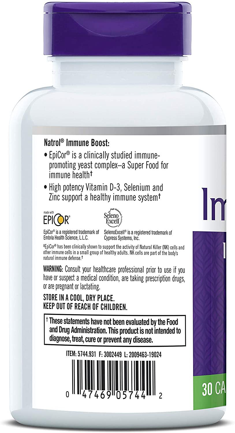 Natrol Immune Boost Capsules, Immune Support, Made with Epicor Clinically Tested, Includes Vitamins C, D3, Selenium and Zinc, 30 Count