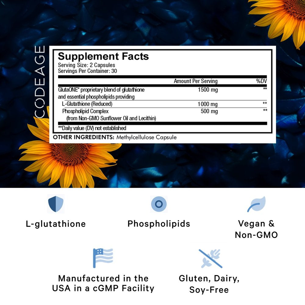 Codeage Liposomal Glutathione 1000 Mg, Glutaone™ L-Glutathione Reduced & Phospholipid Complex, 60 Ct