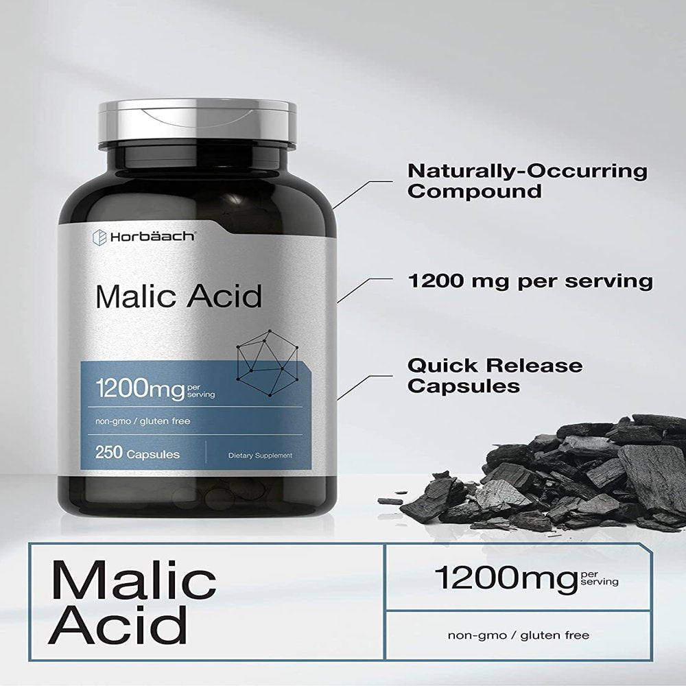 Malic Acid Capsules | 1200Mg | 250 Count | Non-Gmo and Gluten Free Supplement | by Horbaach