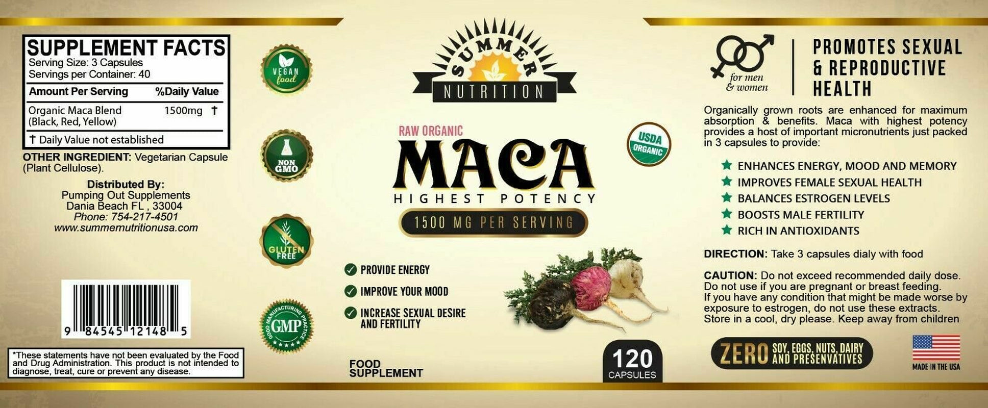 100% Maca - Peruvian & Organic - Summer Nutrition 120 Capsules 1500Mg Sexual Health Energy Sexual Health Fertility