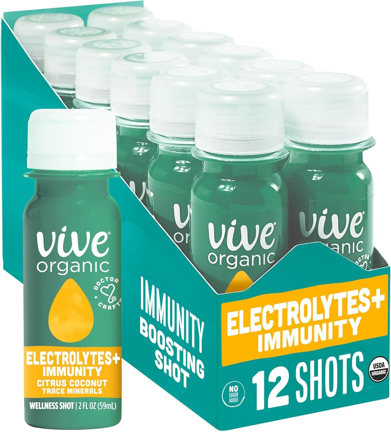 Vive Organic Electrolytes Shot + Immune Support, Blue Spirulina, Coconut Water & Trace Minerals, Gluten Free, Vegan, Refuel & Rehydrate, 2 Fl Oz (Pack of 12)