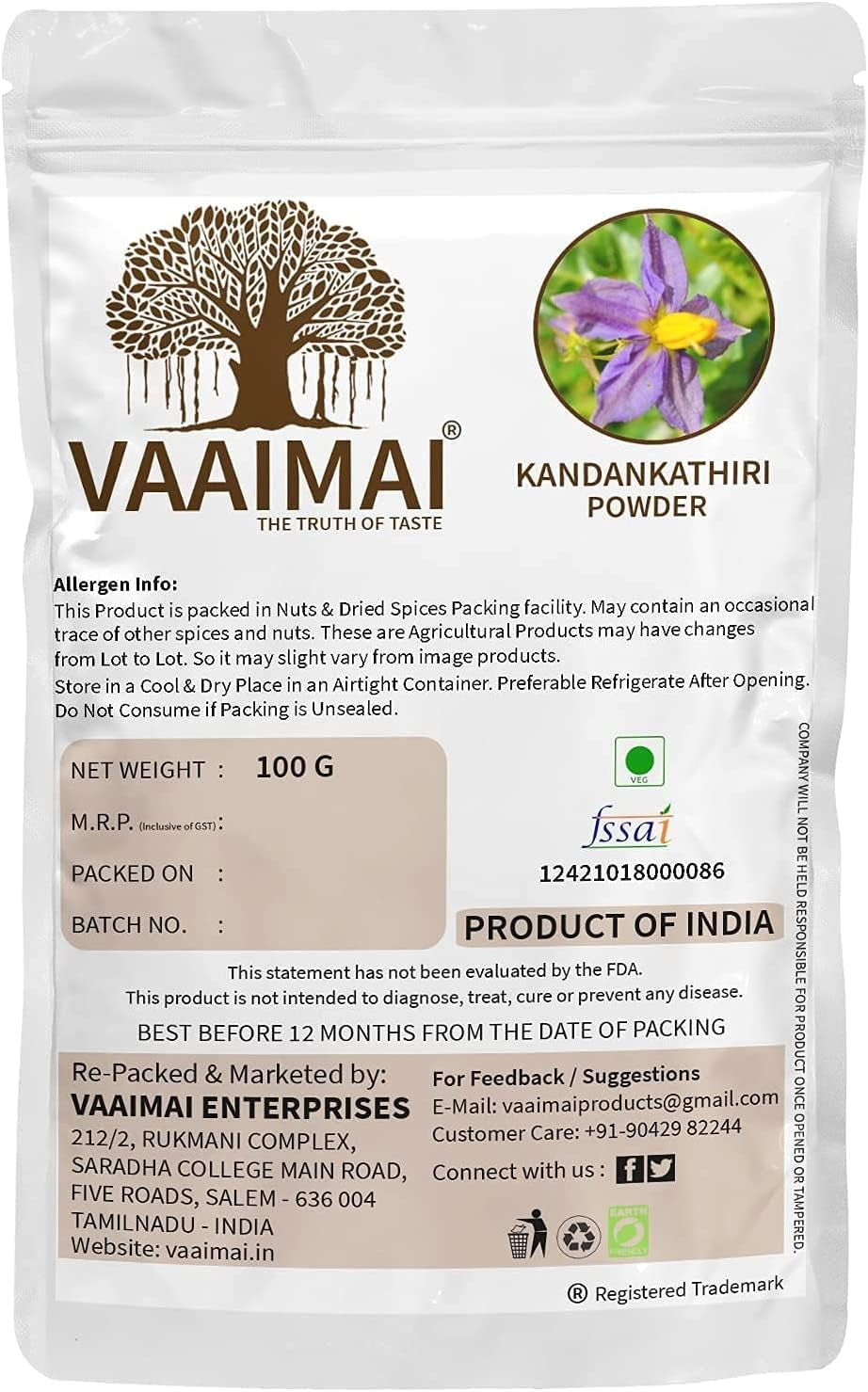 CROW VAAIMAI Kandankathiri Powder/Solanum Virginianum, 100G