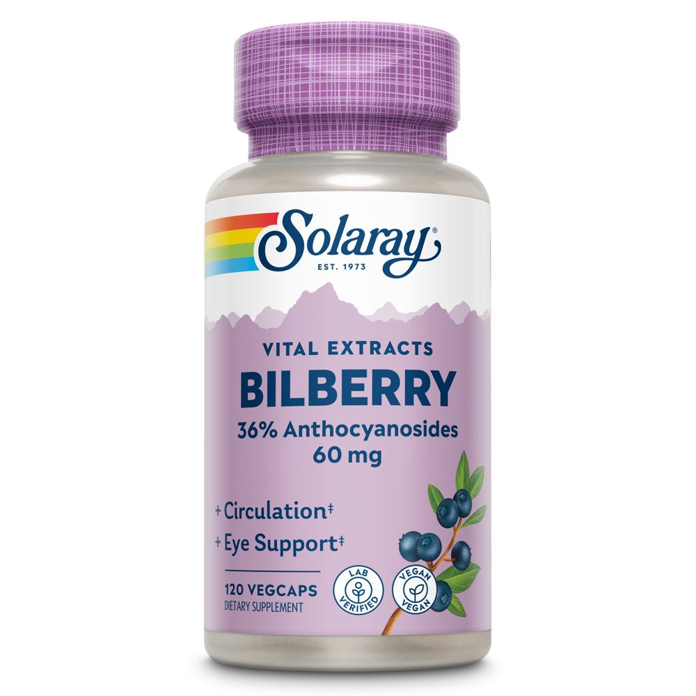 Solaray Bilberry Berry Extract 60 Mg, Eye Health & Circulation Support, with 36% Anthocyanosides, Vegan, 120 Vegcaps