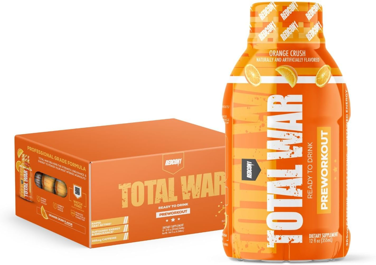 REDCON1 Total War Ready to Drink Pre Workout - Endurance Boosting, Keto Friendly RTD Formula - Amino Acid + Citrulline Malate Pre Workout Drink for Men & Women (Orange Crush, 12 Servings)