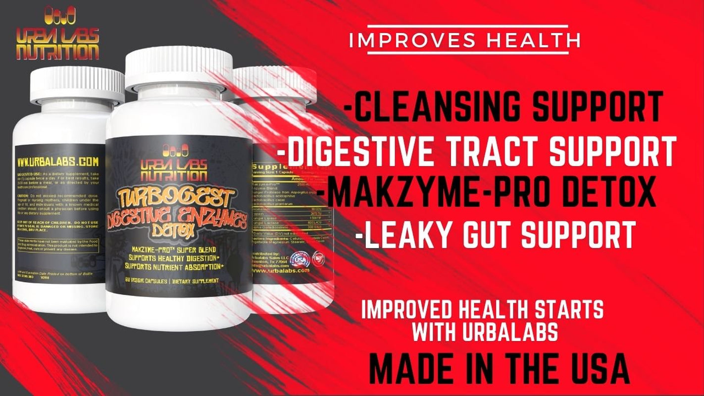 Urbalabs 2 Pack Turbogest Extreme Digestive Enzymes Maximum Gut Health Probiotics Supplement Detox Digestive Enzyme Bromelain Makzyme-Pro Super Blend