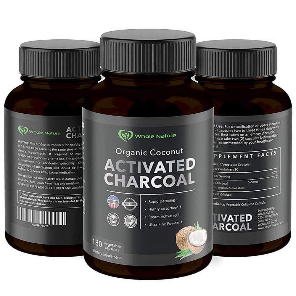 Whole Nature Pure Organic Coconut Activated Charcoal Supplements, 90 Servings / 180 Vegan Capsules (2PK)