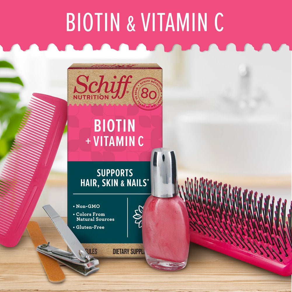 Schiff Biotin + Vitamin C Capsules (30 Count), Gluten-Free & Non-Gmo Supplement That Supports Hair, Skin & Nails and Natural Collagen Production٭