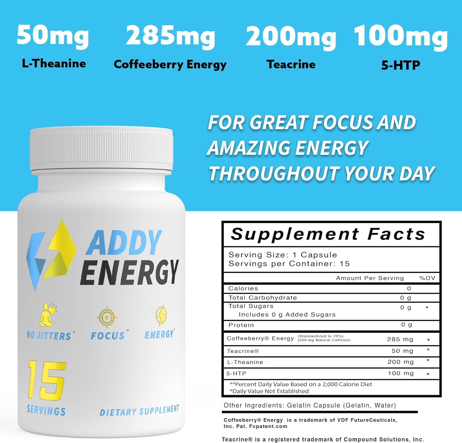 ADDY ENERGY - Focus Supplement - Energy Booster for Men - Energy Supplement - Brain Booster - Early Bird Morning Cocktail - Focus, Energy, and Memory Support Vitamins - 15 Day Supply (15 Capsules)