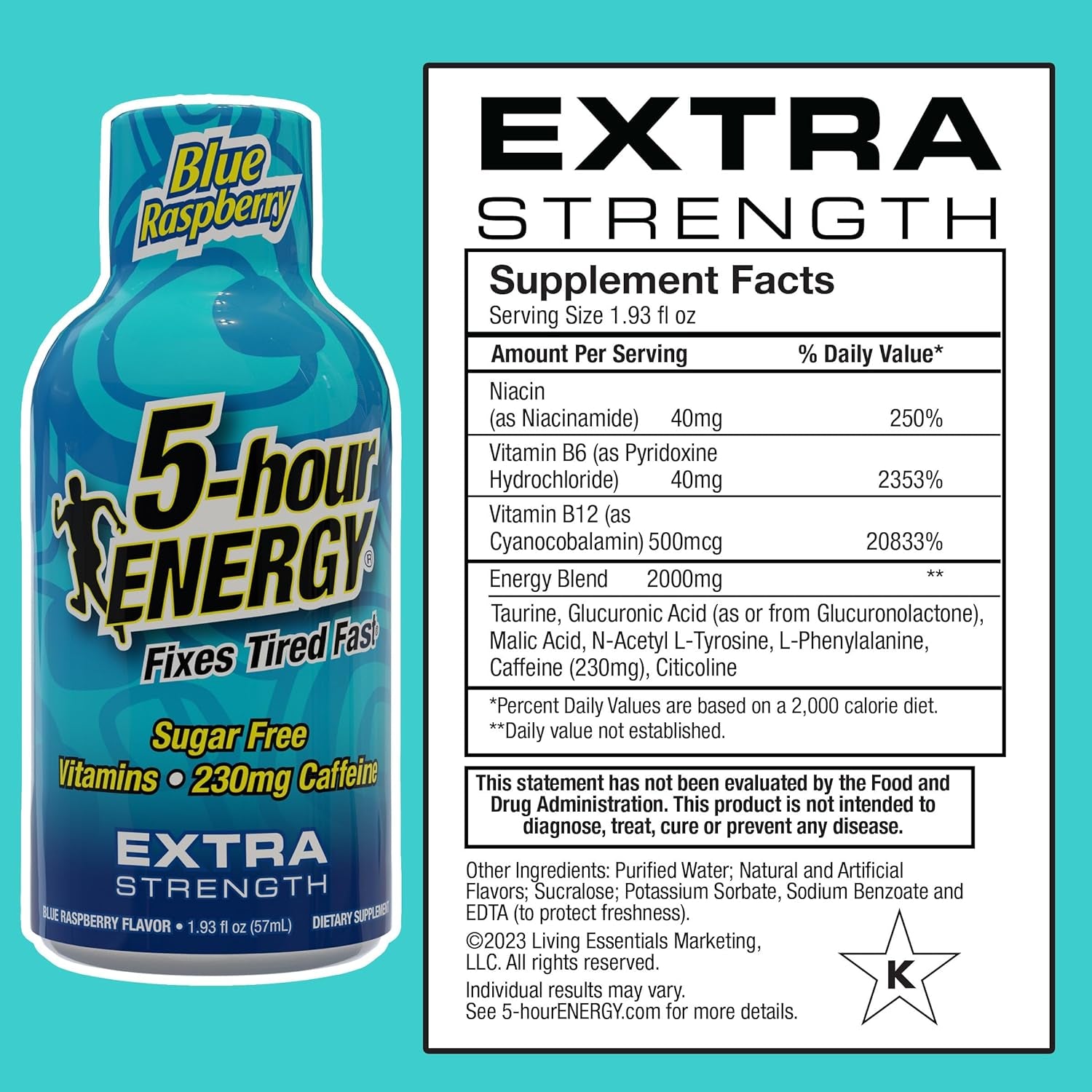 5-Hour ENERGY Extra Strength Energy Shot | Blue Raspberry Flavor | 1.93 Oz. | 24 Count | Sugar-Free & Zero Calories | B-Vitamins & Amino Acids | 230Mg Caffeinated Energy Shot | Dietary Supplement