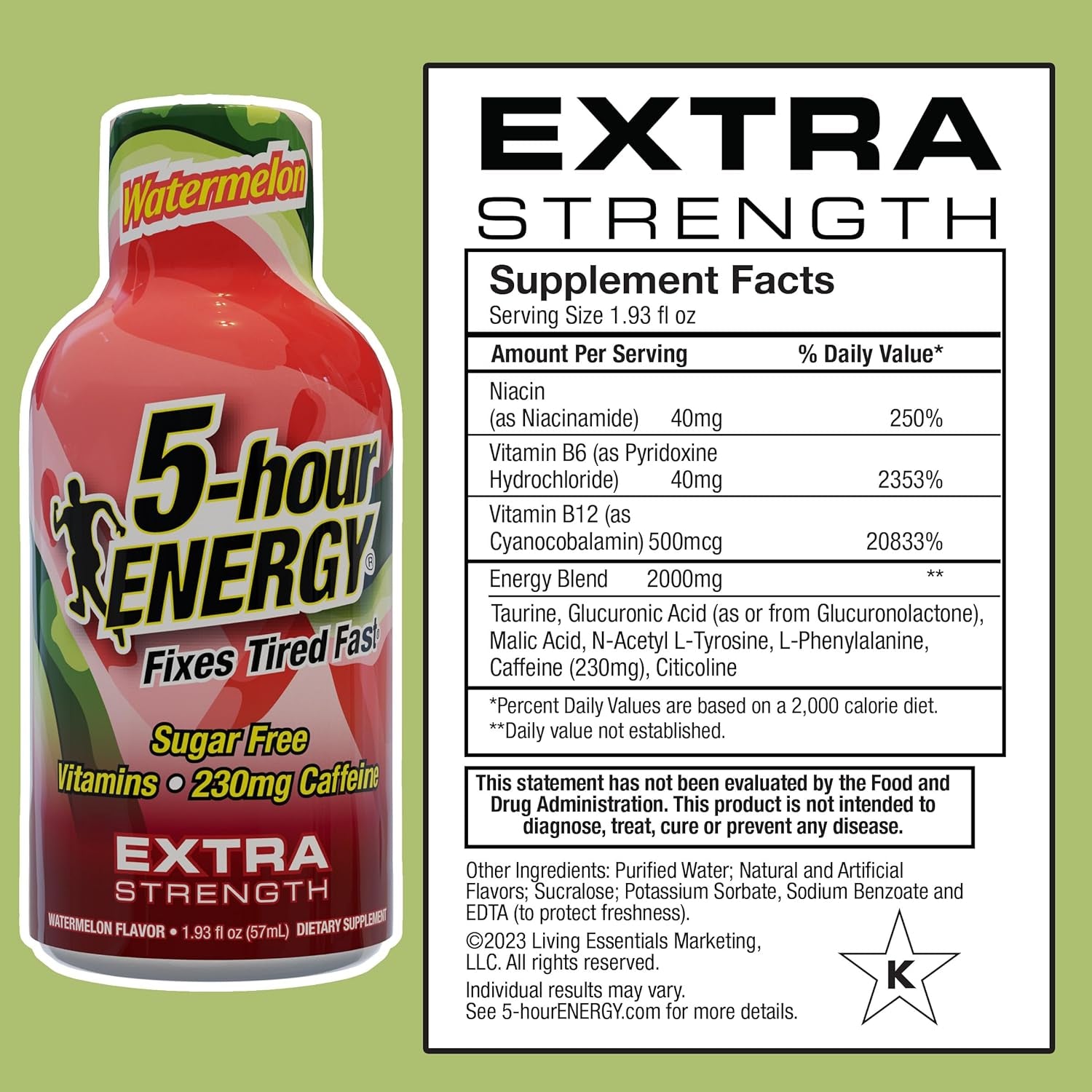 5-Hour ENERGY Extra Strength Energy Shot | Watermelon Flavor | 1.93 Oz. | 24 Count | Sugar-Free & Zero Calories | B-Vitamins & Amino Acids | 230Mg Caffeinated Energy Shot | Dietary Supplement