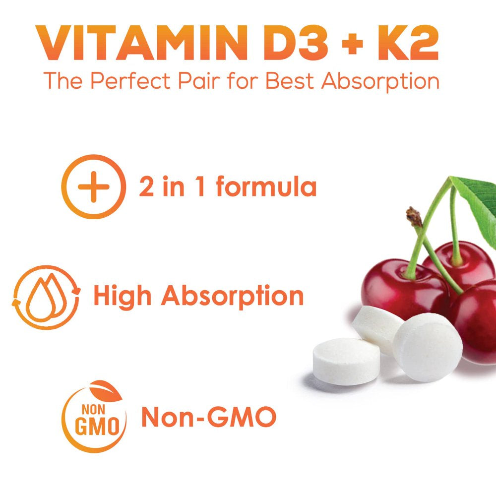 Vitamin D3 K2 as MK-7 with 2000Iu of D3 & 75Mcg K2, Vitamin K2 D3 Bone Strength Supplements Support Calcium Absorbtion for Teeth & Bone Health + Muscle & Immune Health Support - 180 Chewable Tablets