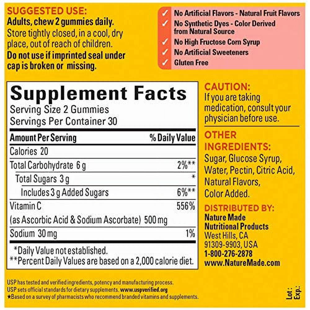 Nature Made Extra Strength Vitamin C Gummies 500Mg, 60 Count, for Immune Support, Antioxidant Support, Collagen Support for Skin Health, Tangerine