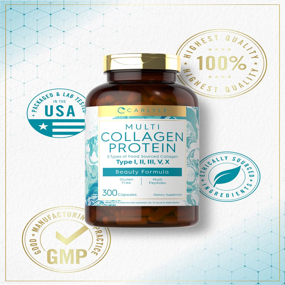 Multi Collagen Protein 2000Mg | 300 Capsules | Type 1, 2, 3, 5, 10 | by Carlyle
