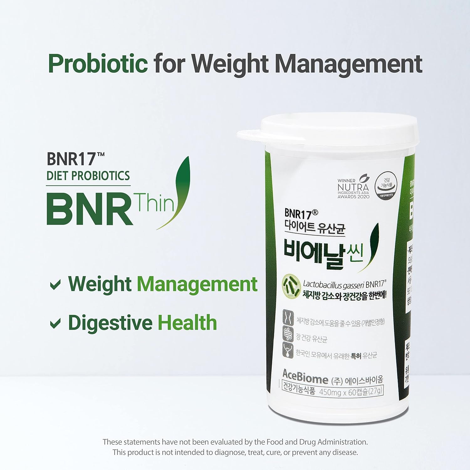 Acebiome Bnrthin Probiotic, Weight Management, Lactobacillus Gasseri BNR17, 10 Billion CFU Guaranteed, Digestive Health, 60 Capsules X6Packs