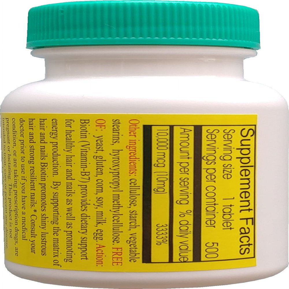 Biotin 500 Tablets,10,000 Mcg, for Hair Growth, Skin, Strong Nails, Biotin 10Mg