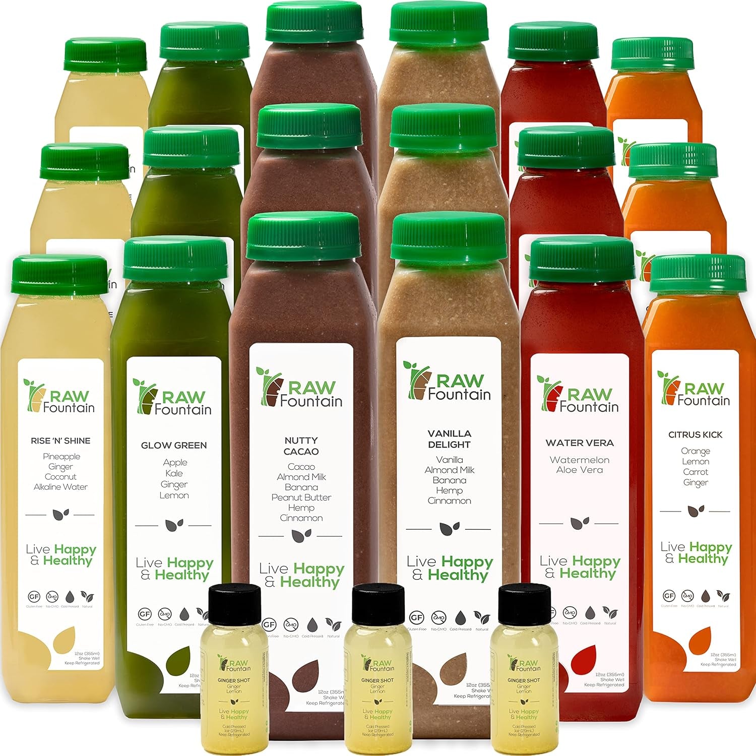 7 Day Protein Juice Cleanse by Raw Fountain, All Natural Raw Detox Cleanse, Cold Pressed Fruits, Vegetables, Vanilla and Chocolate Flavor, Tasty and Energizing, 42 Bottles 12Oz, 3 Ginger Shots