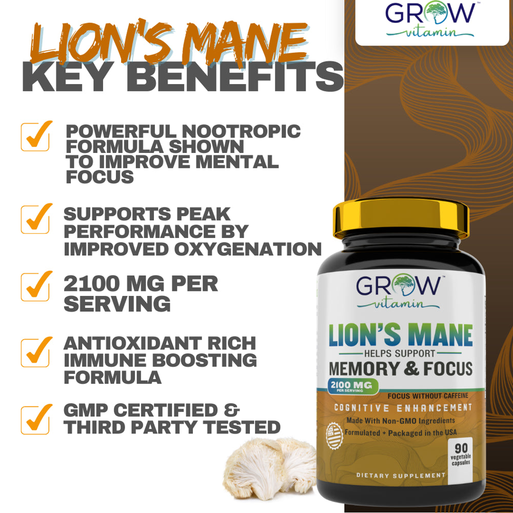 Lion'S Mane Smart Shrooms, 2,100 Mg, for Men & Women - Caffeine-Free Brain Booster, Focus Capsules for Concentration, Brain & Memory Support 90 Vegetable Capsules