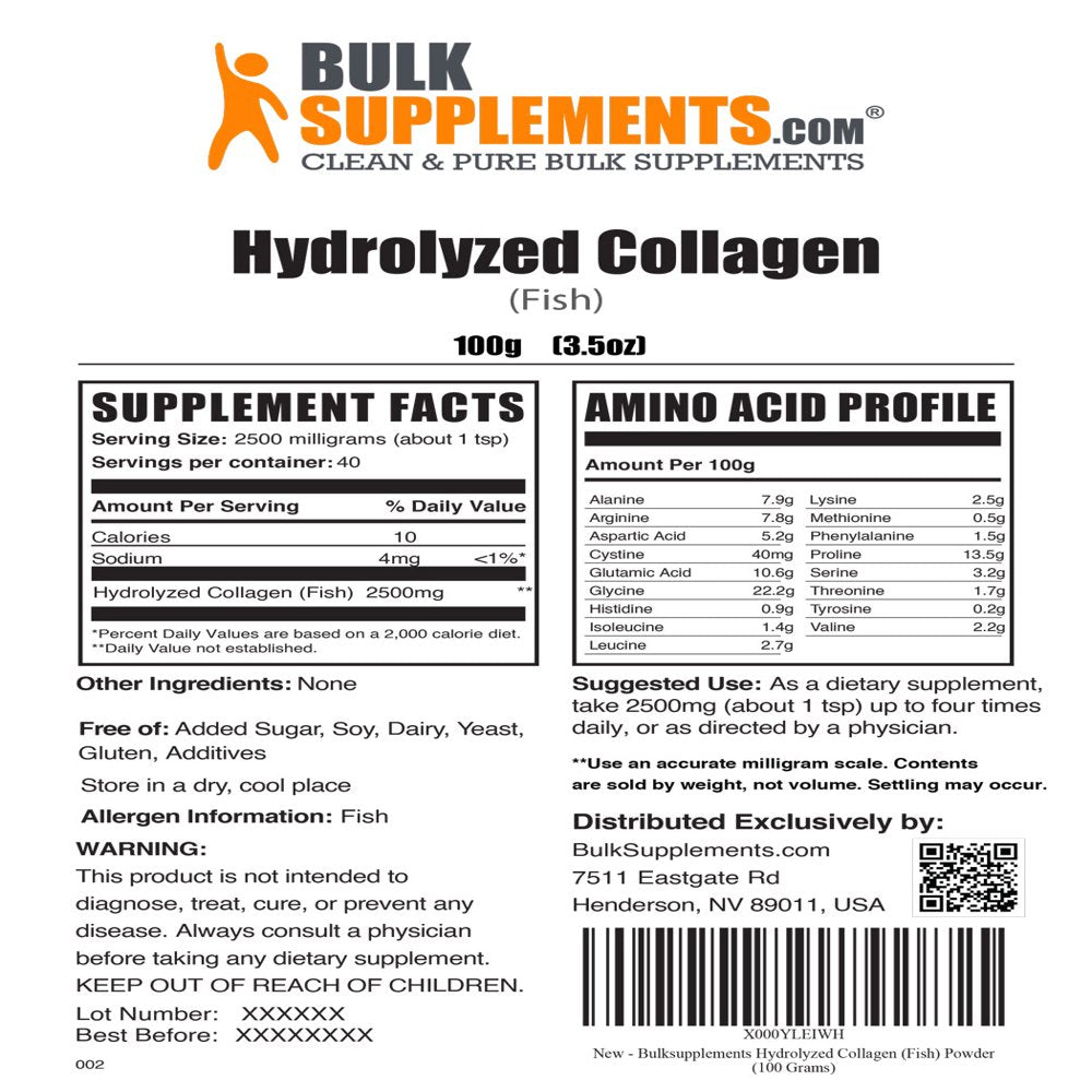 Bulksupplements.Com Hydrolyzed Collagen (Fish) Powder - Collagen Peptide Powder - Marine Collagen - Keto Collagen Powder (100 Grams)