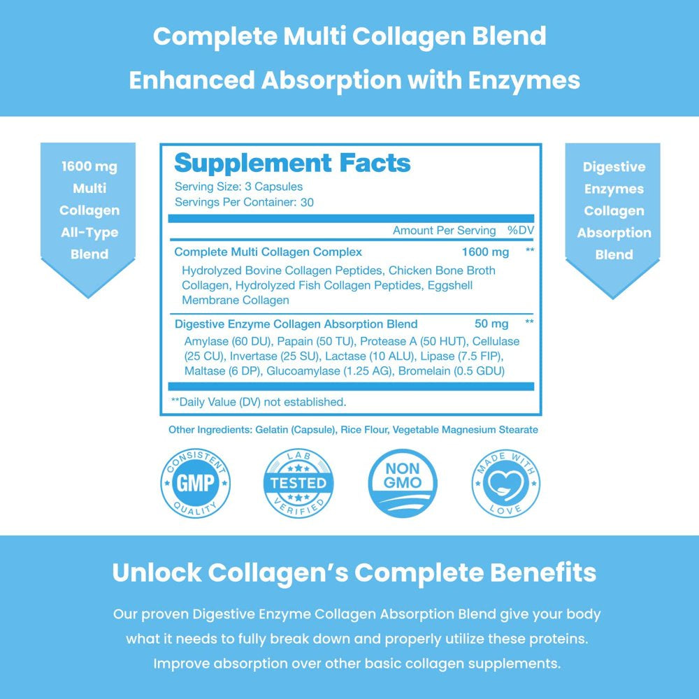 Nutrachamps Multi Collagen Pills (Types I,II,III,V,X) Double Hydrolyzed Enhanced Absorption Collagen Peptides Powder Capsules - Healthy Skin, Hair, Nails, Joints, Bones - Supplement for Women & Men