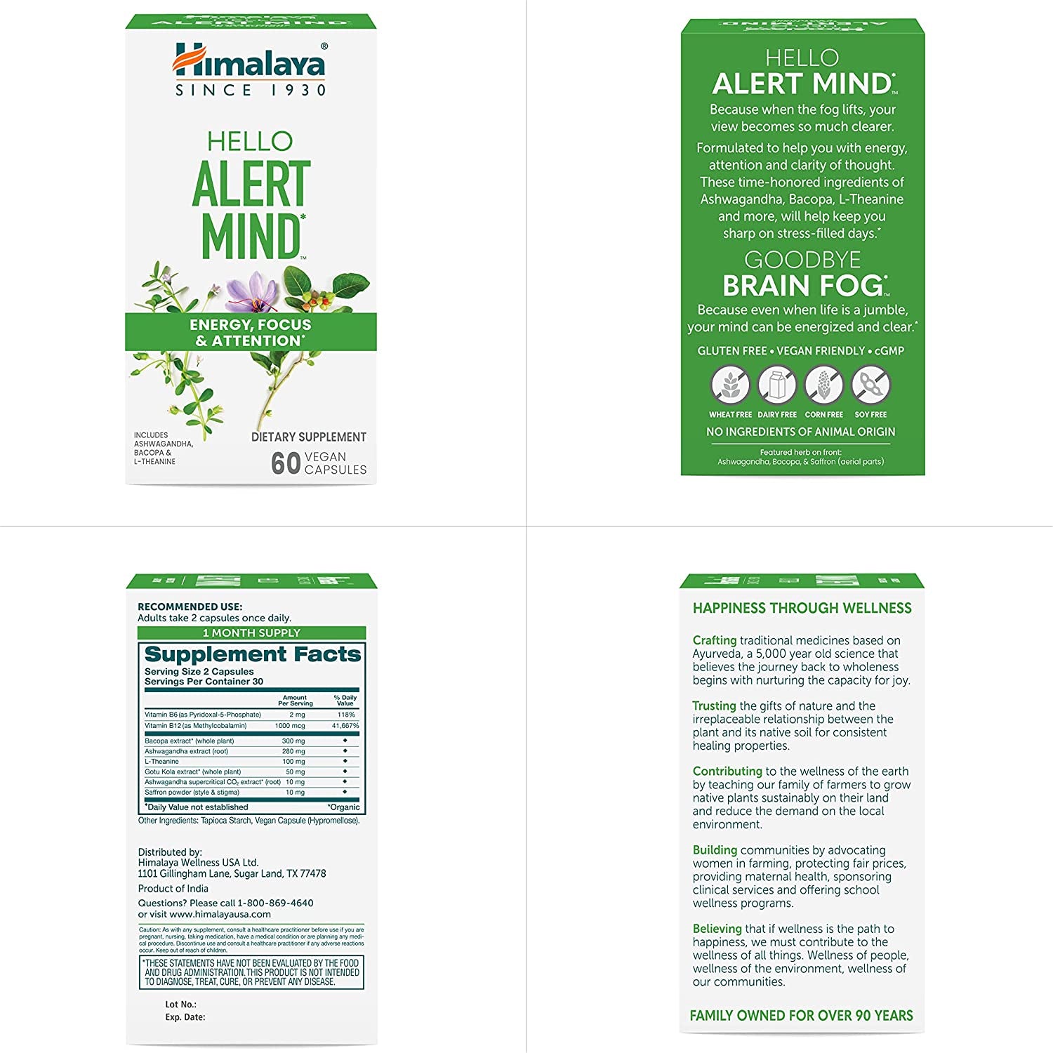 Himalaya Hello Alert Mind with Ashwagandha, Bacopa, L-Theanine, Vitamin B6 & B12, for Energy, Focus & Attention, Vegan, Gluten Free, 60 Capsules