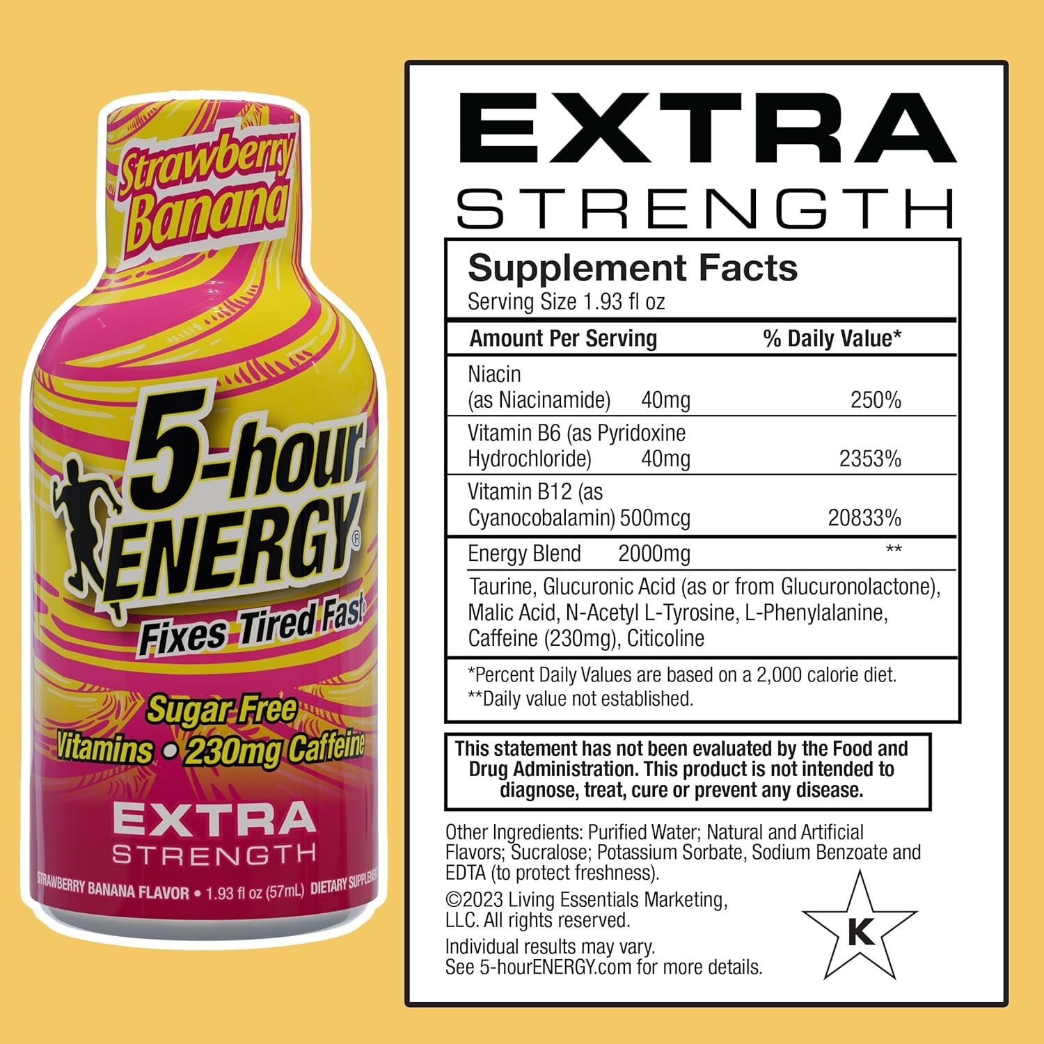 5-Hour ENERGY Extra Strength Energy Shot | Strawberry Banana Flavor| 1.93 Oz. | 24 Count | Sugar-Free & Zero Calories | B-Vitamins & Amino Acids | 230Mg Caffeinated Energy Shot | Dietary Supplement