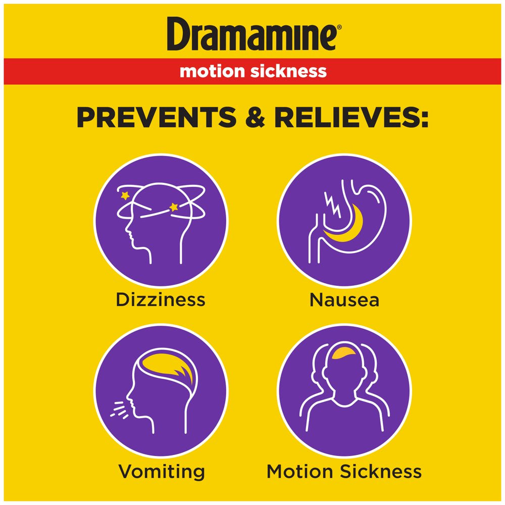 Dramamine Chewable Less Drowsy, Motion Sickness Relief, Raspberry Cream Flavor, 12 Count