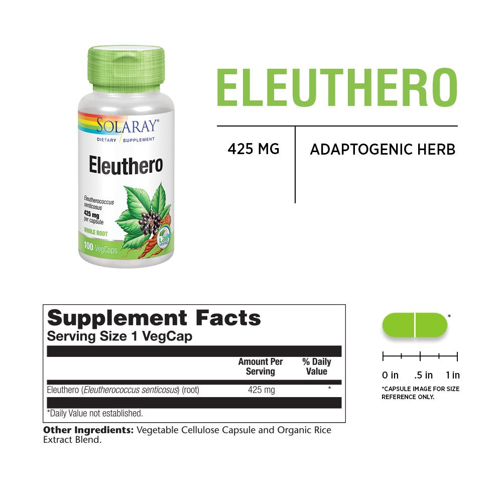 Solaray Eleuthero 425 Mg | Adaptogen for Healthy Stress, Stamina & Mental Alertness Support | 100 Vegcaps