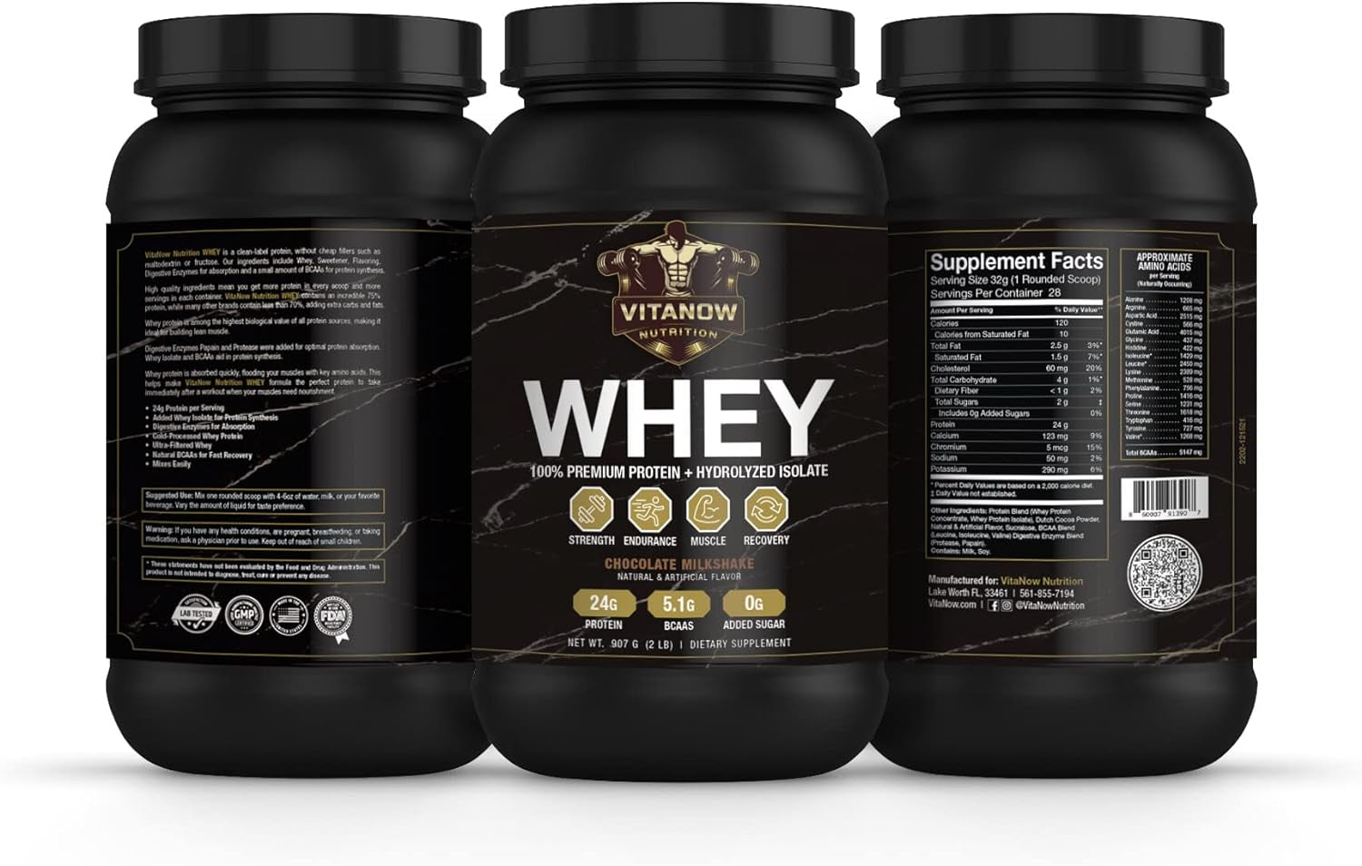 VITANOW NUTRITION Whey Premium Protein + Hydrolyzed Isolate, Sugar-Free, Natural and Artificial Flavor, BCAAS 5.1G, 907G, 28 Servings (Chocolate Milkshake)