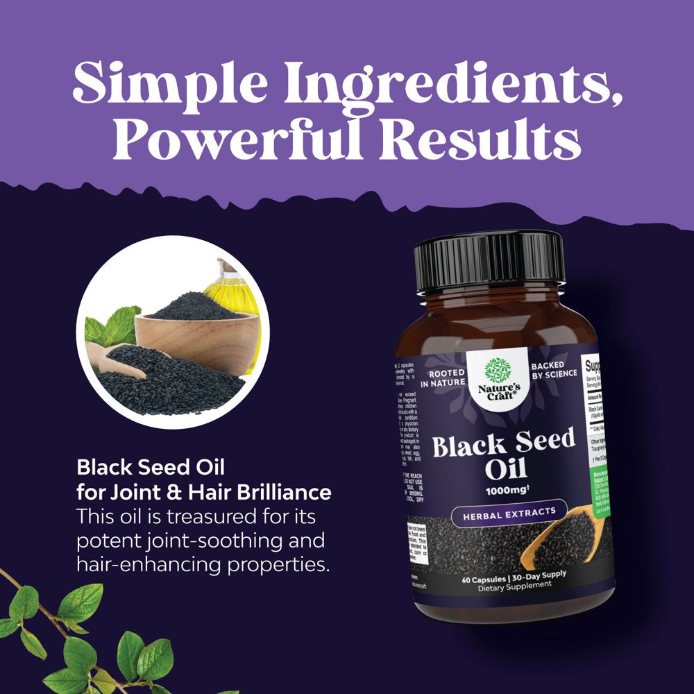 Vegan Black Seed Oil Capsules - Cold Pressed Nigella Sativa Black Cumin Seed Oil Capsules with Omega 3 6 9 Antioxidants and Thymoquinone for Hair Growth Immune Support Joint Health and Digestion