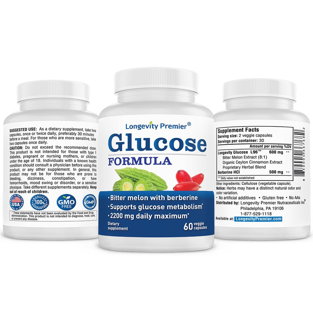 Longevity Glucose Formula - Boost Glucose Metabolism. - Natural Bitter Melon & Berberine Blend. 60 V-Caps