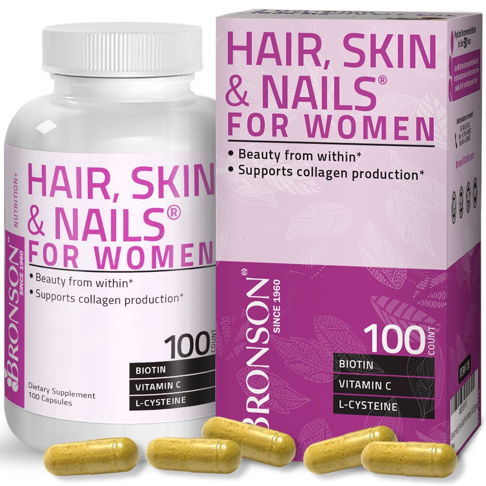 Bronson Hair, Skin & Nails for Women, Biotin, Vitamin A, C, E, B2, B6, 100 Capsules