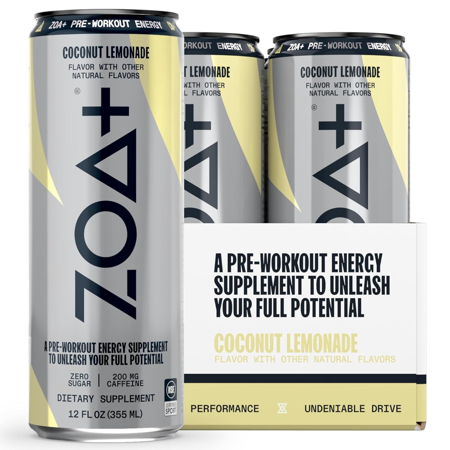 ZOA+ Pre-Workout Sugar-Free Energy Drink, Coconut Lemonade - Zero Sugar, Nitric Oxide Support, Vitamins, Amino Acids, Electrolytes, Natural Caffeine - Gluten Free & Keto Friendly (Pack of 12)