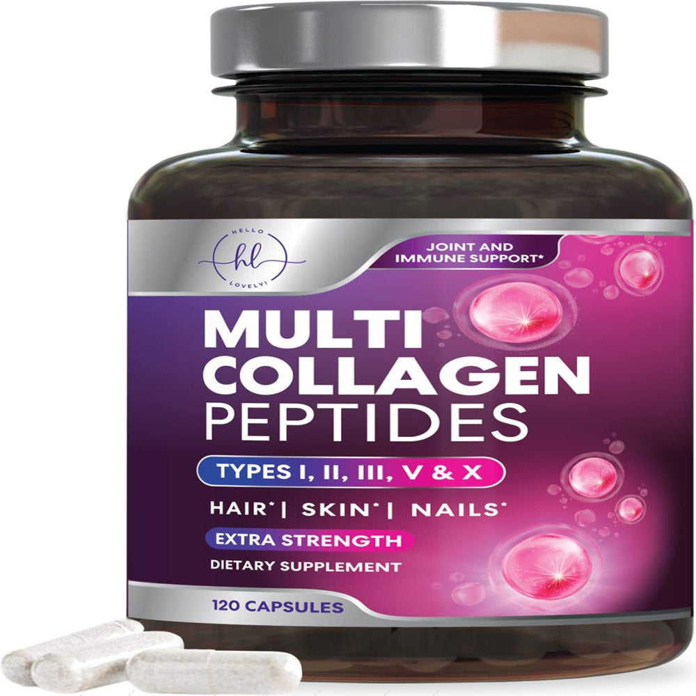 Multi Collagen Peptides, Hydrolyzed Collagen Protein for High Absorption, Type I, II, III, V, X Gluten Free, Radiant Hair, Skin, Nails & Joint Support, Collagen Pills Supplement Non-Gmo - 120 Capsules