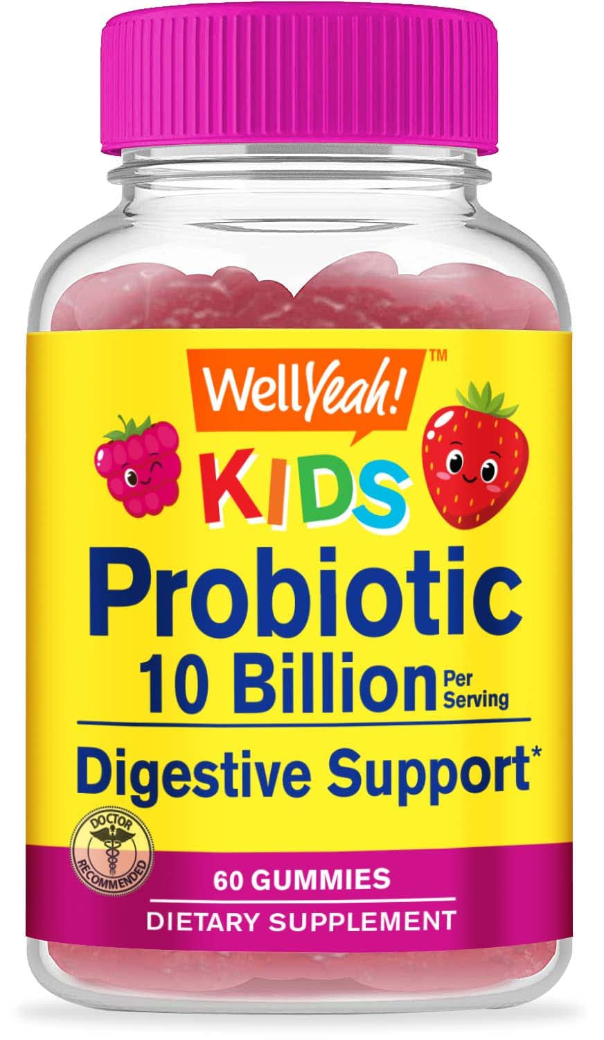 Wellyeah Probiotics for Kids Gummies -10 Billion CFU -For Gut Health, Immune Health and Digestive Support -Berry Flavor Chewable Supplement -Vegetarian, Non GMO, Gluten Free Kids Probiotic -60 Gummies