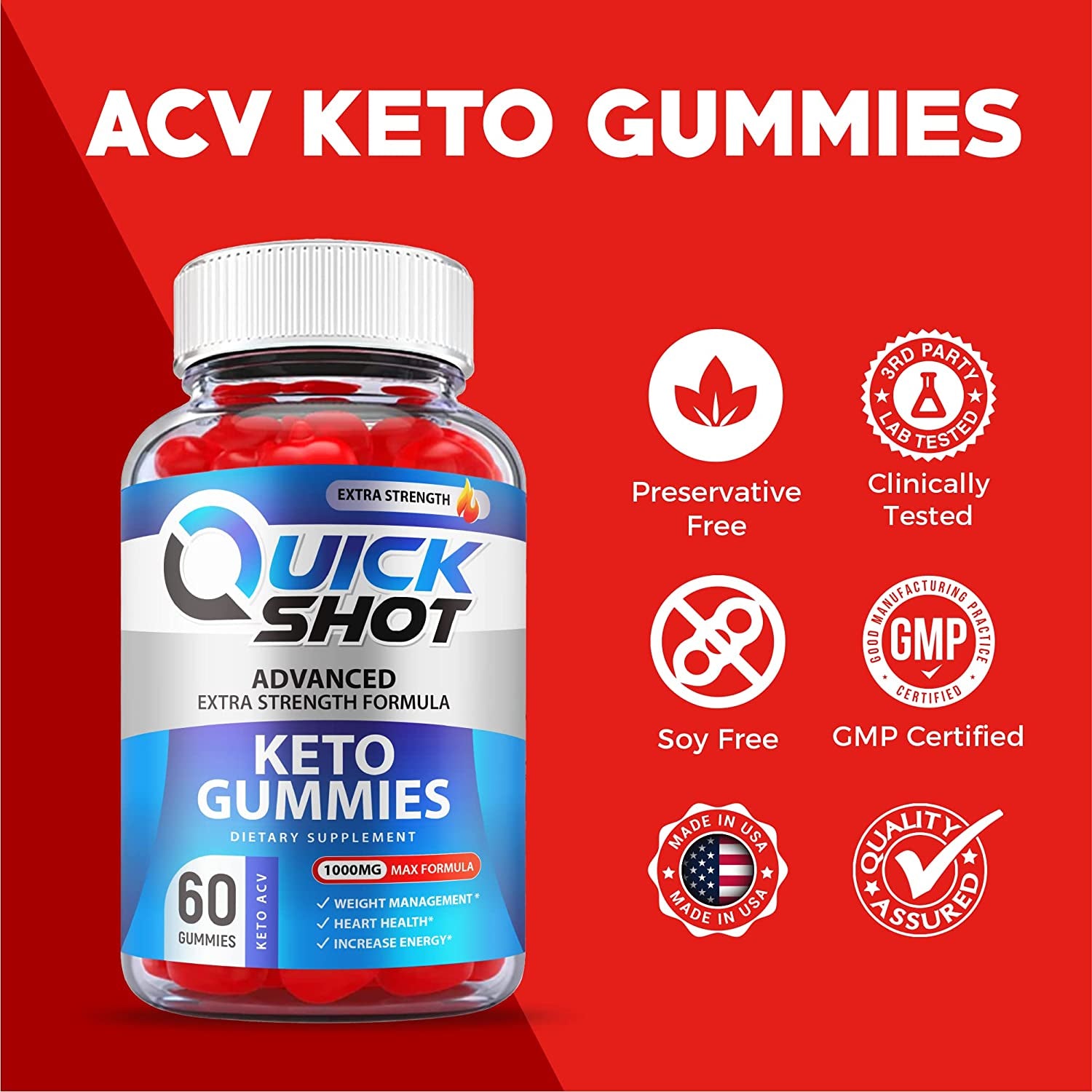 (2 Pack) Quick Shot Keto Gummies, Quickshot Keto Gummies, Official Formula 1000Mg Vegan, Non Gmo, Quick Shot Keto ACV Gummies, Quick Shot ACV Keto Gummies with Apple Cider Vinegar, B12 (120 Gummies)