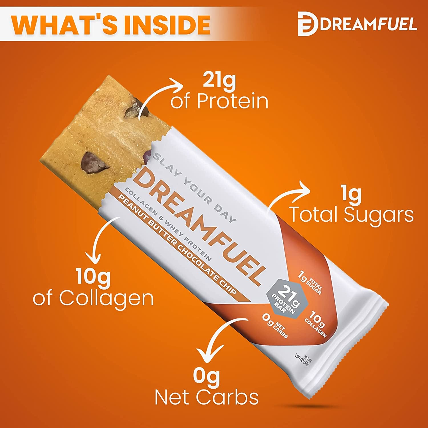 DREAM FUEL High Protein Bar, Peanut Butter Chocolate Chip, 21G Protein, 10G Collagen, 0G Net Carbs, Low Sugar, Low Carb, Low Calorie, No Sugar Alcohols, No Added Sugar, Gluten Free, Keto Friendly, Non-Gmo, 12 Pack