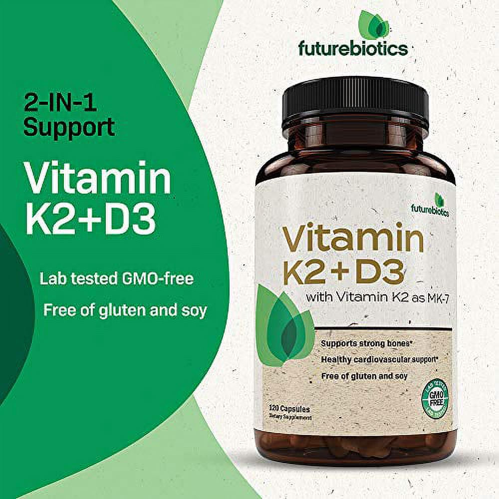 Futurebiotics Vitamin K2 (MK7) with D3 Supplement - Bone and Heart Health Non GMO & Gluten Free Formula, 120 Capsules